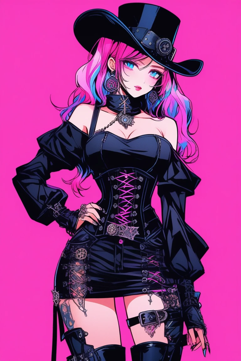 Illustrator, anime , Realistic ,sketch , 1 person, model, lip, wearing gothic Steampunk hat, goggle, black corset jumper skirt, bare shoulder, black platform cowboy boots, order, Blue and pink gradient background, Neon colored hair, Big Breasts, (((Upper Body))), (((look back))), Sexy look, Sexy pose, Texture Trim, Russia, (masterpiece,Highest quality)