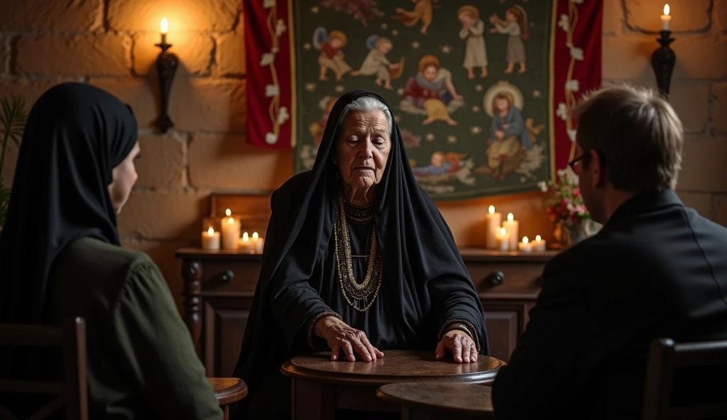 a sitting average fat elderly woman in a black hood looking like medieval clothing from the 1930s with her eyes completely closed because of blindness talking to several people looking at her sitting
