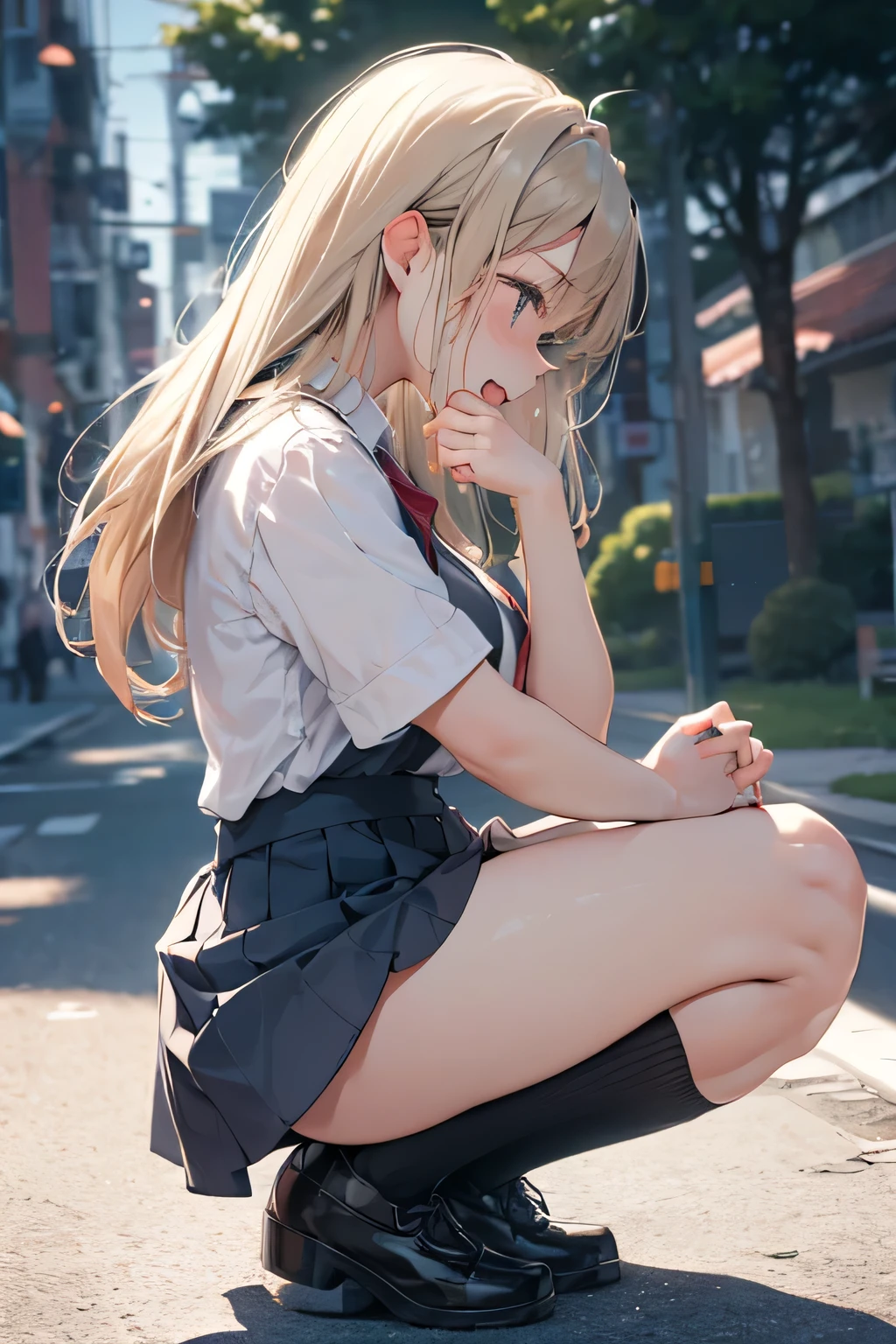 1female，yo，Slim，熟妇，medium cleavage breasts Thin waist，slenderlegs，Pornographic exposure， 独奏，kashiwazaki sena, butterfly_hair_ornament, blonde_hair, long hair, school uniform, large breasts, aqua eyes, (wearing: school uniform, sneaker), looking at viewer,（Background with：ln the forest，the rainforest，in summer，standing on your feet，Sweat profusely，drenched all over the body，seen from the front， hair straight， mostly cloudy sky，（（（tmasterpiece），（Very detailed CG unity 8K wallpaper），best qualtiy，cinmatic lighting，detailed back ground，beatiful detailed eyes，Bright pupils，（Very fine and beautiful），（Beautiful and detailed eye description），ultra - detailed，tmasterpiece，）），facing at camera，（Full body photo），Show shoes，A high resolution，ultra - detailed），revealing breasts， Bulge，legs are open，Raised sexy，Flushed complexion，Open-mouthed，frontage，full body