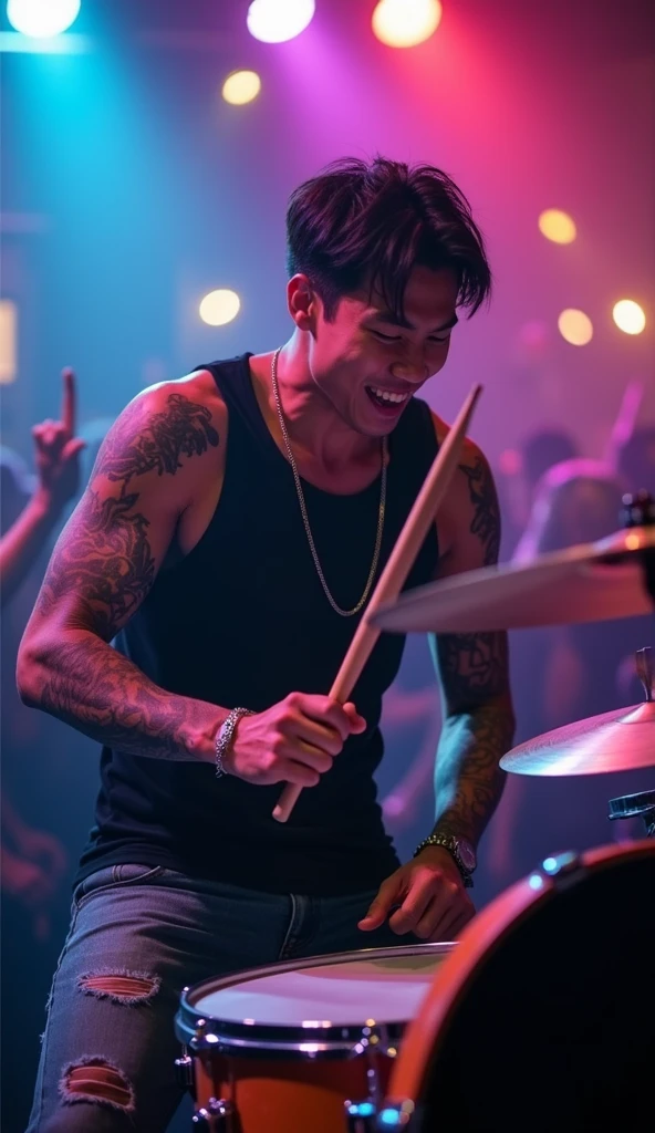 Close up of Handsome korean drummer, very manly, seen to raise his hand holding drumstick, face energized and looking excited, eyes looking at camera, sleeveless black shirt, ripped jeans pants, tattoes, nice body and nice shoulder, over shoulder shot. in a club. focus on his face and drums. HDR, Realistic