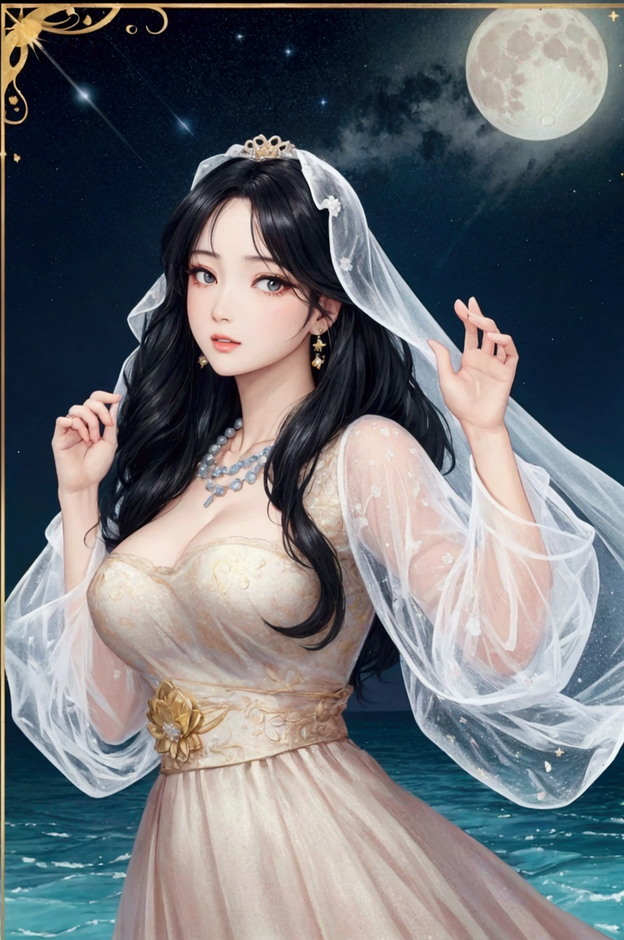 (masterpiece,Highest quality,,8k,High resolution),One female,,Beautiful Face,Beautiful Face,Beautiful eyes,Beautiful lips,Compassionate Mother Kannon,Black Hair,look back,,Wave,,Standing on the surface of the water,,flower,bird,,moon,,A bright night with stars visible,jewelry,Holding,Long sleeve,Veil,necklace,Lotus,Long Hair,dress,(whole body),Highly detailed CG,