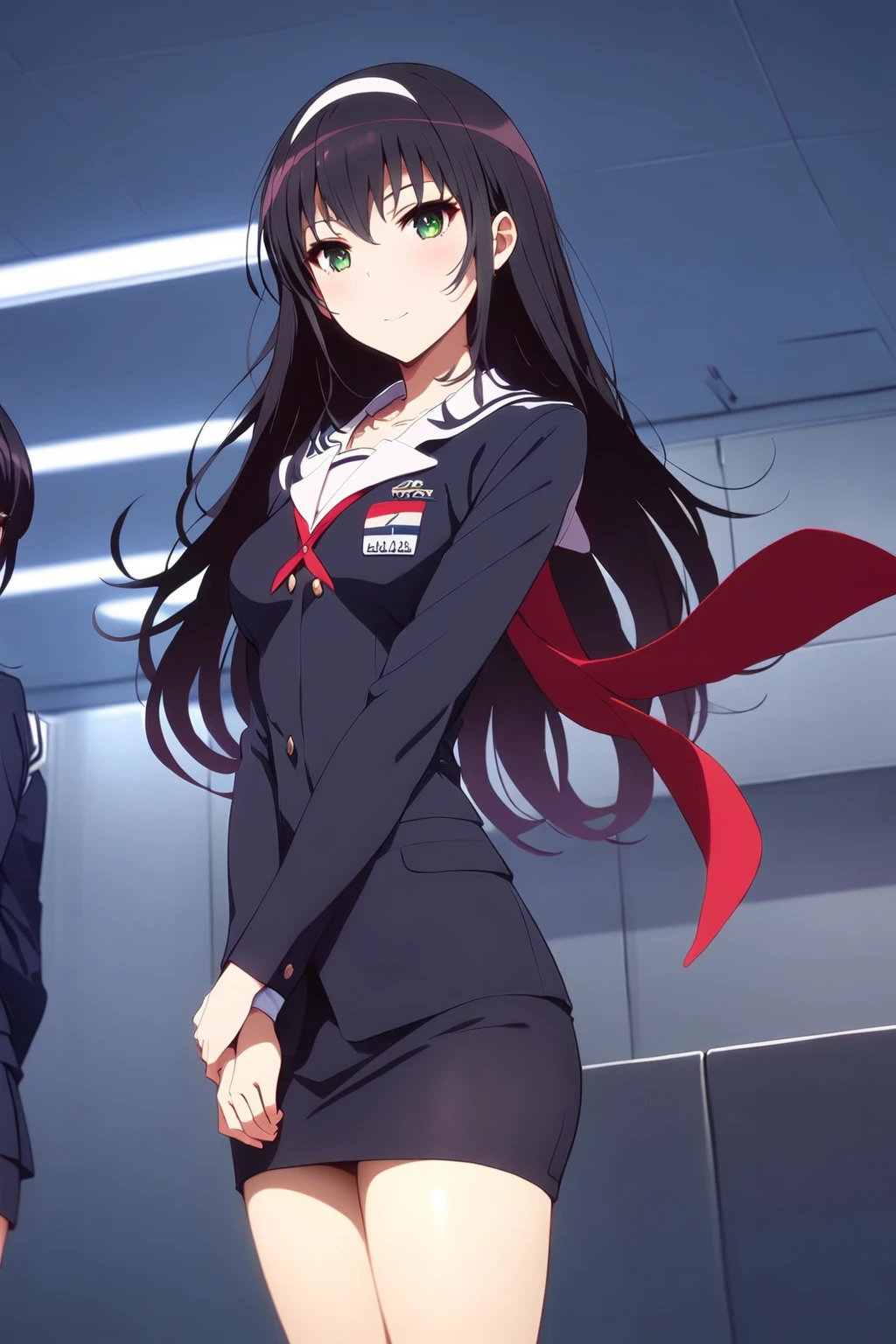 (Extremely detailed, best quality, high resolution, Solitary，masterpiece，Black haired beauty:1.4), standing beside a beautiful flight attendant,Anya Ivanova, Tall and skinny，Warmth and confidence, Red velvet, Matching blazer, Short pencil skirt,Black high heels, scarf, Side cover, remaining calm、major, a welcoming smile, slim,Bright green eyes