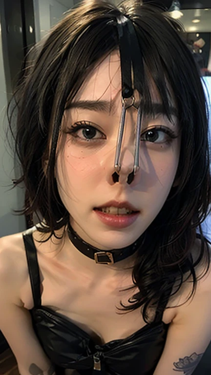 (Browsing Caution:-2), (Realistic, photo-Realistic :1.4), (Highest quality, masterpiece:1.2), RAW Photos, High resolution, Intricate details, Very detailed, Realistic and sharp details, Portraiture, (Front view:1.2 ), alone, Beautiful Japanese Woman, Beautiful woman, (Black Hair), (Short Bob Hair), Detailed face, Detailed eyes, Beautiful Eyes, Refined nose, Pale skin, Fine skin, (Nose hook, Chain strap), (Gemstone Choker), clavicle, shoulder, T-Shirts, skirt, dress、(whole body)、(Configuration from below)、(tattoo)、（Nipples）、（Are crying）、（tearsを流す）、（tears:1.2）、（Eyes that cried）、（tearsを流す）、（Crying face）、Nose hook、