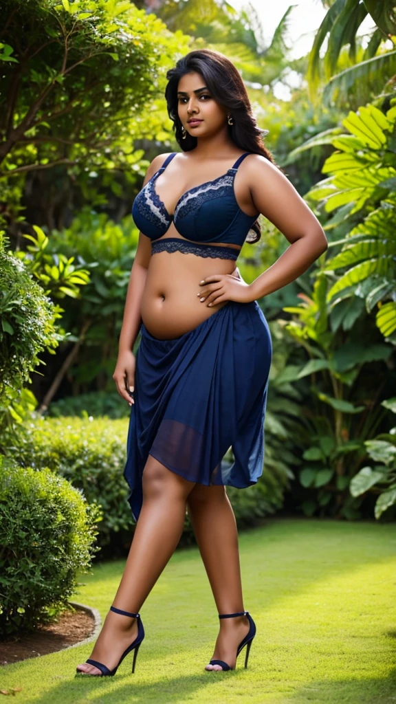 Day scene, A 25 year old beautiful South Indian plus sized woman , navy blue colour chiffon short skirt and bra wearing women in garden, belly button visible, in a suductive expression full body image, photo taken from distance