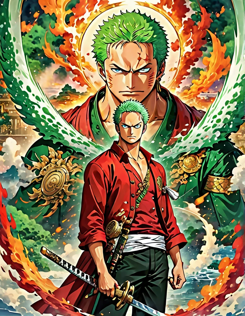 Roronoa Zoro from anime One Piece. Three swords. Best angle. Posed. Particle fire. Dragon circle. symmetrical epic fantasy art, symmetrical fantasy landscape, portal to another world, a portal to the lost flame realm. (absurdres, highres, ultra detailed), 1 male, young adult, handsome, tall muscular guy, broad shoulders, green hair, green eyes, finely detailed eyes and detailed face, extremely detailed CG unity 8k wallpaper, (style), (full body:0.6), detailed background, red aura, red coat, gold amulet, dark shirt, black pants, gold detailing, sparkling red mist,