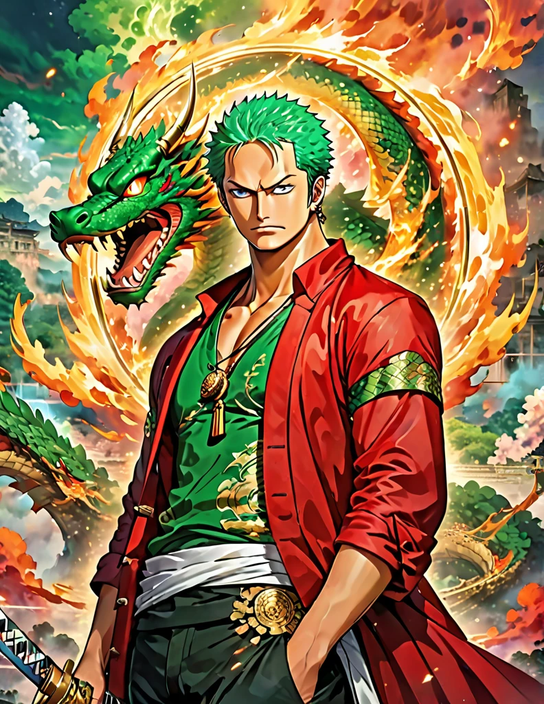 Roronoa Zoro from anime One Piece. Three swords. Best angle. Posed. Particle fire. Dragon circle. symmetrical epic fantasy art, symmetrical fantasy landscape, portal to another world, a portal to the lost flame realm. (absurdres, highres, ultra detailed), 1 male, young adult, handsome, tall muscular guy, broad shoulders, green hair, green eyes, finely detailed eyes and detailed face, extremely detailed CG unity 8k wallpaper, (style), (full body:0.6), detailed background, red aura, red coat, gold amulet, dark shirt, black pants, gold detailing, sparkling red mist,