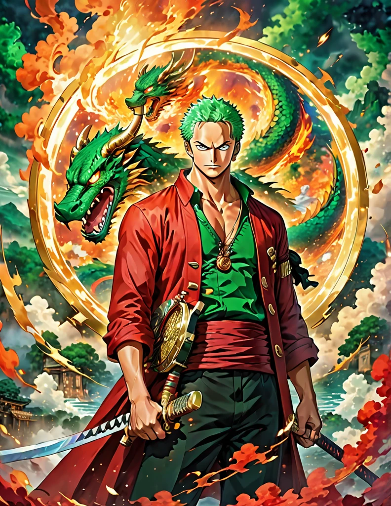 Roronoa Zoro from anime One Piece. Three swords. Best angle. Posed. Particle fire. Dragon circle. symmetrical epic fantasy art, symmetrical fantasy landscape, portal to another world, a portal to the lost flame realm. (absurdres, highres, ultra detailed), 1 male, young adult, handsome, tall muscular guy, broad shoulders, green hair, green eyes, finely detailed eyes and detailed face, extremely detailed CG unity 8k wallpaper, (style), (full body:0.6), detailed background, red aura, red coat, gold amulet, dark shirt, black pants, gold detailing, sparkling red mist,