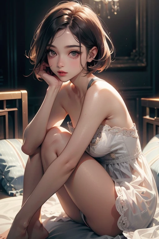 ((Highest quality)), ((masterpiece)), (detailed), One person, (Large forehead:1.2),extremely detailed cute anime face, (((Flat Chest))), (Flat Chest:1.1),((((Short Bob Hair)))),Complex eyes,beautiful detailed eyes,Symmetrical eyes,(((detailed face))),beautiful detailed lips, If you look at this, (((Embarrassing))),(Lips waiting for a kiss),(My heart is pounding with anticipation.)、A white dress so sheer you can see the skin、Sit on the pillow、Holding a pillow between her knees、M-shaped legs、Wide composition、Fisheye Lens