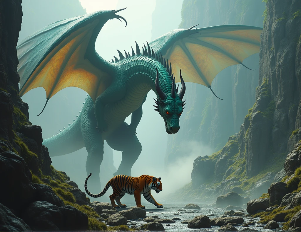 A highly detailed and realistic image depicting a tense standoff between a dragon and a tiger. The scene is vertical, with the dragon towering above, its scales shimmering and wings partially spread, while the tiger stands below, muscles tensed and eyes locked onto the dragon. The environment is a dramatic, wild landscape with rocky terrain and swirling clouds or mist, enhancing the intensity of the encounter. The entire image is depicted in high-quality, realistic detail, capturing the power and tension between these two mighty creatures.