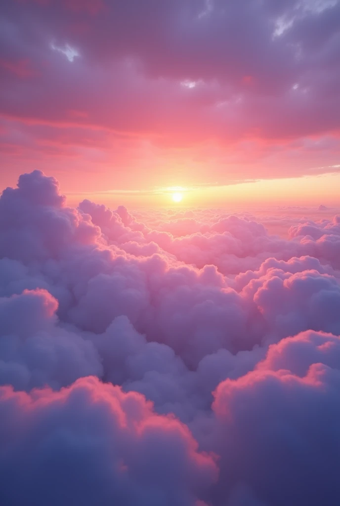 The view above the thick and soft clouds is like being able to walk on them, illuminated by the purple and orange sun, with a purplish-blue sky