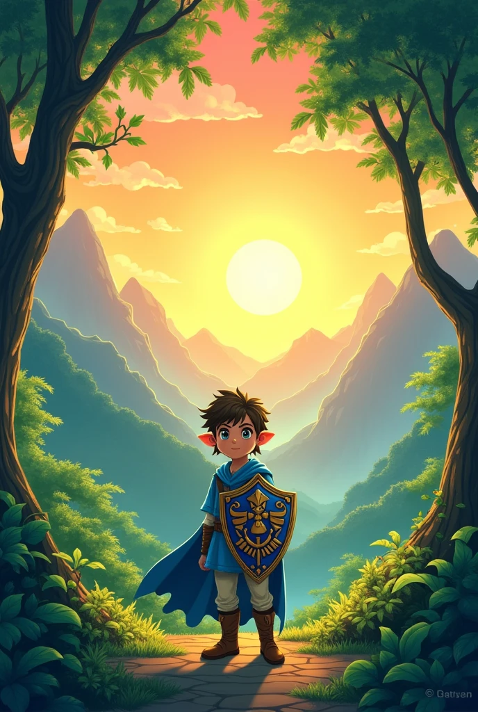 sunrise in a detailed and ray-traced forest landscape between the leaves of the trees, Further away on the left side there are some high mountains, Animated and Japanese cartoon style and a blue-cloaked adventurer with a shield