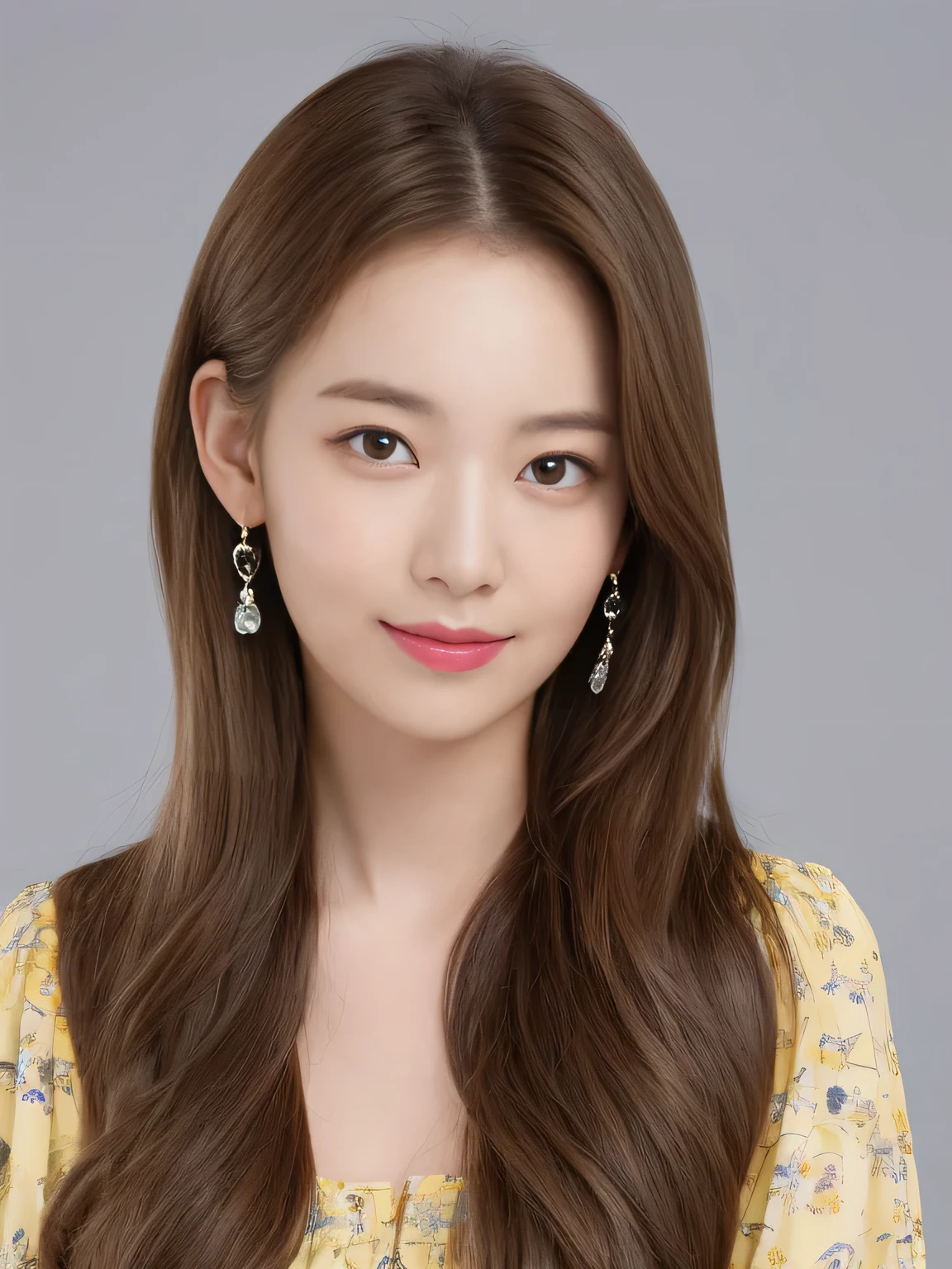 (highest quality、16K high resolution、Super detailed、masterpiece、Live shooting、realistic:1.5、hyper realism:1.5、sharp focus、very delicate and beautiful、small details, bust shot), 35-year-old Japanese woman, 1 girl, 160cm tall, 50kg, bust 84cm, waist 59cm, hips 86cm, heart-shaped face with a pointed chin, shoulder-length layered brown hair styled with soft waves, groomed eyebrows, large expressive brown eyes, a straight nose, full smiling lips, wearing a yellow floral blouse, blue jeans, silver hoop earrings, a few faint freckles adding youthfulness, an overall warm and approachable demeanor, {{{{resembling actress Aya Omasa}}}}, random body orientation,