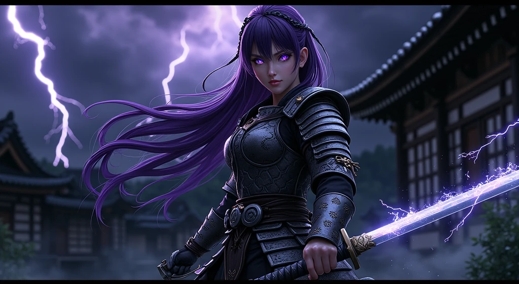 Girl, long hair, purple hair, purple eyes, small braids, katana, samurai armor, electricity on sword, thunderstorm, japanese settling, realistic light, realistic shadows, realistic model, ultra realism