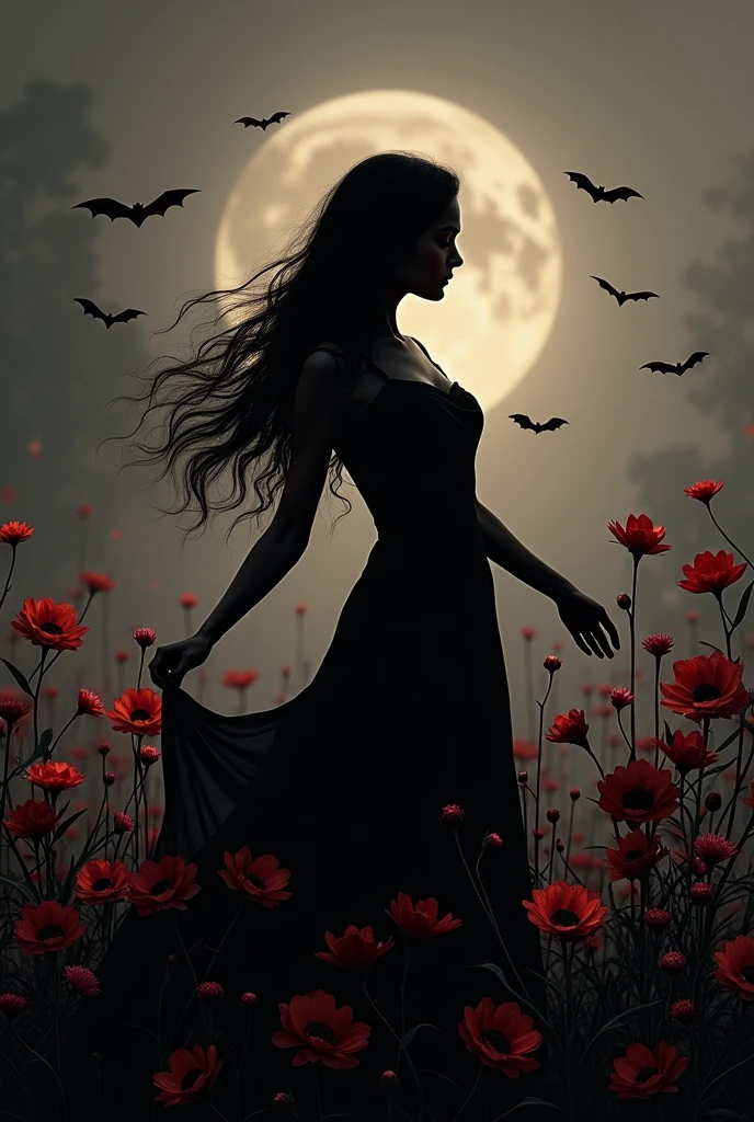 Young woman dancing to music, silhouette, bats flying, flowers,black,red and gray colors,vintage style,