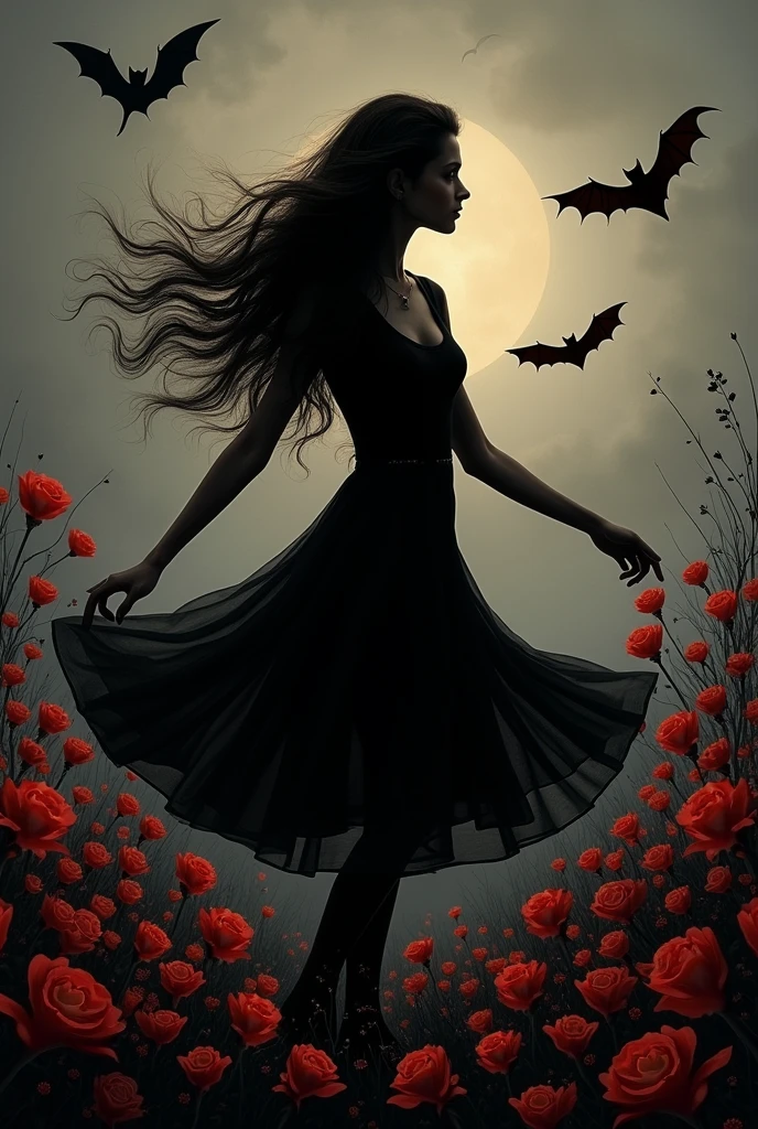Young woman dancing to music, silhouette, bats flying, flowers,black,red and gray colors,vintage style,