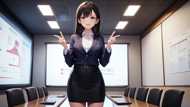 (Highest quality, 8K, 32k, masterpiece, Ultra-high resolution: 1.2), 1 Girl, Beautiful Japanese Woman, thinウエスト, (Gray suit), Open jacket, 魅力的なoffice Lady, suit, (Gray Tight Skirt), office, office, machine, Beautiful Face, Brown Hair, Bob Hair, Saggy eyes, Slender figure,Cleavage, thin, whole body, Detailed expression down to the fingertips,Sexy thighs, One Woman, alone, A charming smile,White panties,Peeking inside the skirt from below,Angle from below,Low - Angle