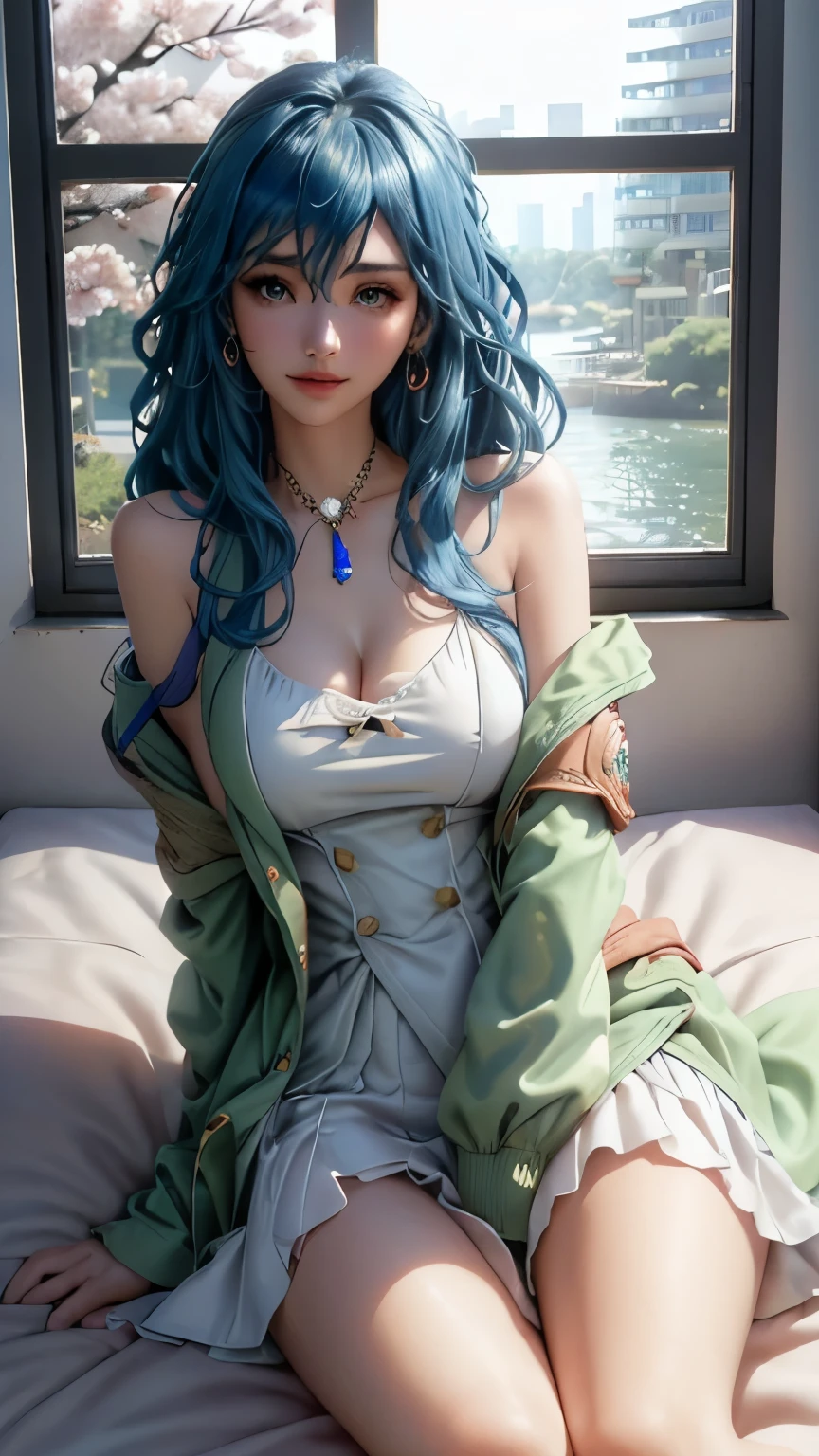 Landscape of an woman, Landscape of a very beautiful woman, (((cowboy shot))), ((Exposed Eyes))!!, photography with Fujifilm XT3, depth of field, film grain,  (((female focus)))!!, ((exposed eyes))!!, Yoshino Himekawa/(Date A Live/), anime style, (lying down at bed), cherry blossom, window, There are birds in the sky, The sky is blue, river outside the room, looks at the camera with Beautiful blue pupil's eyes, (Beautiful blue pupil's eyes like sapphire :1.40)!!, (((Blue pupil's eyes like sapphir)))!!!, (((homochromatic eyes)))!!!, Stars in her fixed eyes, Ultra detailed eyes, Exposed eyes, seductive smile, beautiful smile, gorgeous smile, (Blush)!! Perfect nose, Cute little nose, Earrings, beatiful face, Face Clean, Skin, hyper realistic, Incredibly detailed face, hyper detailed face, A face with a lot of detail, Perfect eye shadow, wink, Hyper-Detailed Eyes, Hyper-detailing of eyebrows, Hyper-detailed eyelashes, Blue hair between eyes, Blue hair bangs, (ultra shine Blue hair)!!, (smooth straight blue hair)!!,((dynamic composition), (((wear green jacket)))!!!, detailed realistic clothes, neck garter, plump breasts, (Breasts cleavage)!!, ultra seductive temptation, detached sleeves, bare shoulders charming pose, open skirt, slim legs, petticoat, fishnet legs, stockigs, smooth thighs cleavage, garter thighs, leather shoe, erotic, Best Quality, Masterpiece, Ultra-detailed, Beautiful, hight resolution, Original, CG 8K, perfect photo, dramatic  lighting, (Realistic) Realistic, Full HD, Best Quality, Best Quality, Beautiful lighting, (8k wallpaper of extremely detailed CG unit), High Details, sharp-focus, The art of dramatic and photorealistic painting, (at center of bed), cherry blossom, window, There are birds in the sky, The sky is blue, river outside the room, dynamic composition