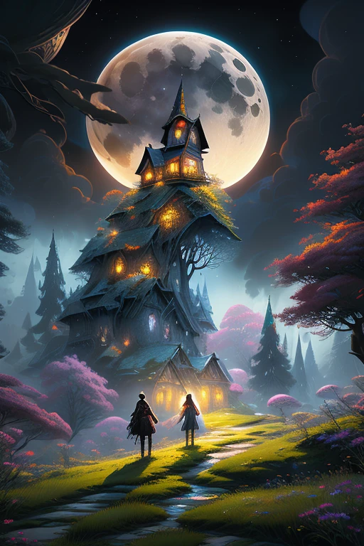 a painting of a couple of people standing on top of a hill, cyril rolando and m.w kaluta, cyril rolando and m. w kaluta, fantasy painting hd, beautiful depiction, in the moon, magical realism and dark fantasy, fantasy book illustration, fantasy rpg book illustration, under the moon, andrews esao artstyle, the glow of the moonlight