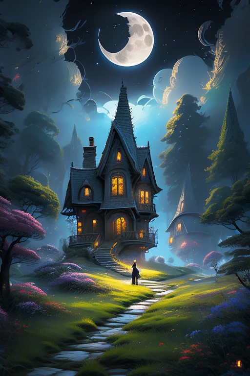 a painting of a couple of people standing on top of a hill, cyril rolando and m.w kaluta, cyril rolando and m. w kaluta, fantasy painting hd, beautiful depiction, in the moon, magical realism and dark fantasy, fantasy book illustration, fantasy rpg book illustration, under the moon, andrews esao artstyle, the glow of the moonlight