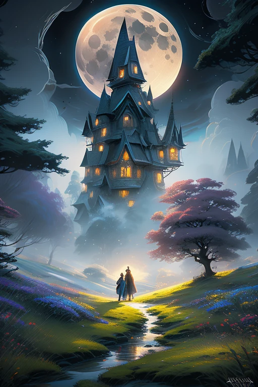 a painting of a couple of people standing on top of a hill, cyril rolando and m.w kaluta, cyril rolando and m. w kaluta, fantasy painting hd, beautiful depiction, in the moon, magical realism and dark fantasy, fantasy book illustration, fantasy rpg book illustration, under the moon, andrews esao artstyle, the glow of the moonlight