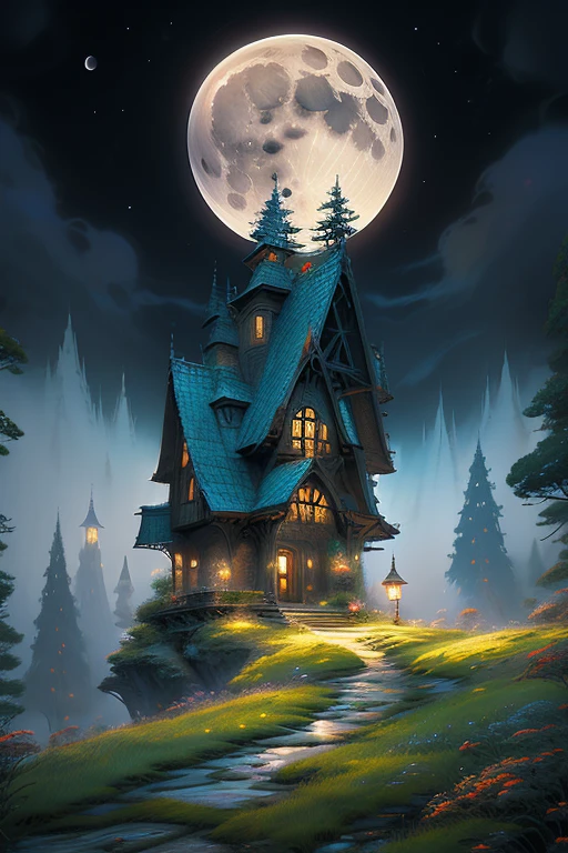 a painting of a couple of people standing on top of a hill, cyril rolando and m.w kaluta, cyril rolando and m. w kaluta, fantasy painting hd, beautiful depiction, in the moon, magical realism and dark fantasy, fantasy book illustration, fantasy rpg book illustration, under the moon, andrews esao artstyle, the glow of the moonlight