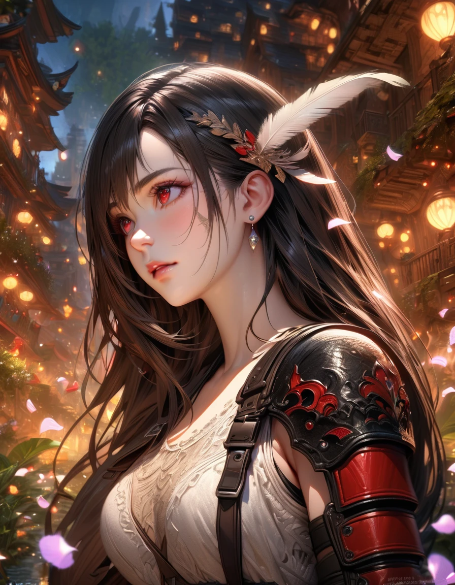 Ultra detailed, highres, absurdres, HDR, master piece, Tifa Lockhart, black hair, long hair, expressive red eyes, white shirt, red and black gloves, Final Fantasy VII Remake, petals, fireflies, woman, solo, extremely beautiful, very detailed face and eyes, best quality, fantasy, magical, realistic face, fantasy city, feathers,