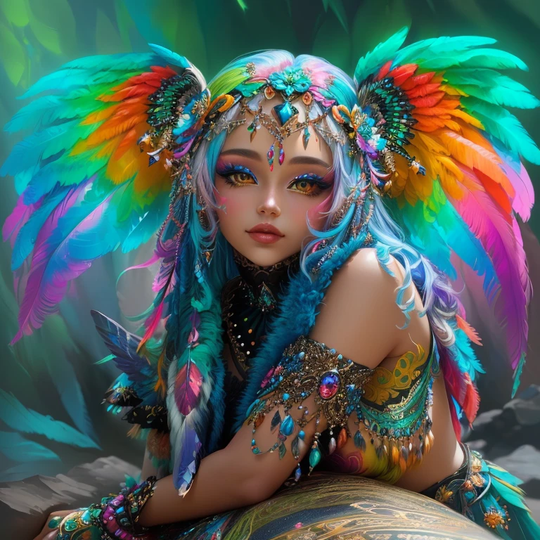 a close up of a doll with colorful feathers on her head, colorfull digital fantasy art, beautiful and colorful, of an beautiful angel girl, inka harpy girl, vibrant fantasy style, beautiful angel, beautiful gorgeous digital art, full of colors and rich detail, gorgeous digital art, digital art - w 0, digital art. highly detailed