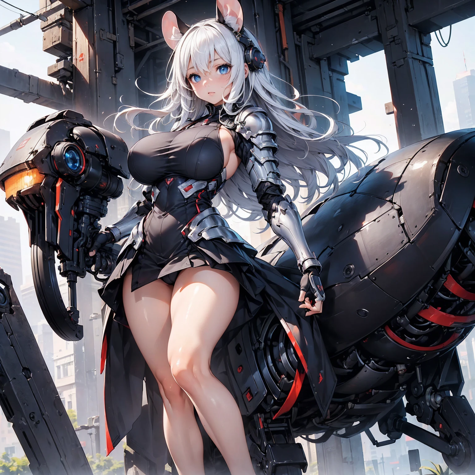 (Absurd Resolution:1.2), (ultra delicate:1.2), (masterpiece:1.2), (Photorealistic), (top-quality), (There are two characters, one is a cute girl and the other is a mouse-shaped heavily armored robot), super fine concept art, armored core, hard surface, BREAK (cute 1girl), (finely detailed eyes and finely detailed face:1.2), BREAK (ultra fine-blue-cute-eyes:1.3), (Expression ultra detailed glowing Pupil), (ultra detailed Expression eyelashes), (ultra delicate Long Straight Hair white hair, hairs between eyes), (beautiful Glossy lips), BREAK (slim body and gigantic breasts:1.3), narrow waist, leggy, curvy is body without muscles, (Shiny realistic pale skin texture:1.2), precise anatomy, (4 defined fingers), (1 defined t thumb), breathtaking expression, BREAK (intricate black-Mechanical-Armor-dress, bare-Thighs:1.2), Seductive pose, BREAK (Crisp focus, eye focus:1.2), (full body shot, shoot from front, high angle shot), BREAK cinematic composition, vibrant colors, armored core,