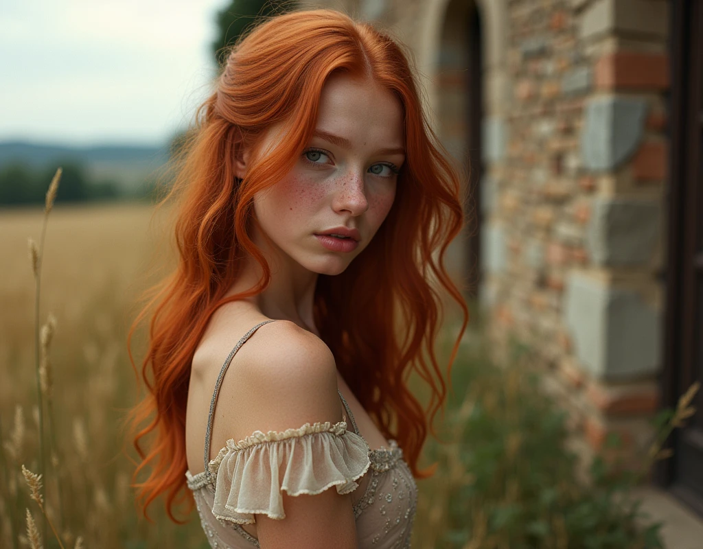 Redhead girl,looking at side, em close. Translucent dress, revealing the breasts. 超detailded. freckles,  Rustic dress. Provence. retro photography, David Hamilton Style. Analog photography. grainy. nymph