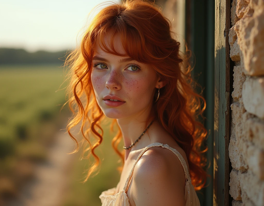 Best Quality, Masterpiece, Ultra High Resolution, (Realism: 1.4), Original Photo, 1Girl, Green Eyes, Off-the-Shoulders, Cinematic Lighting, Redhead, At Sunset