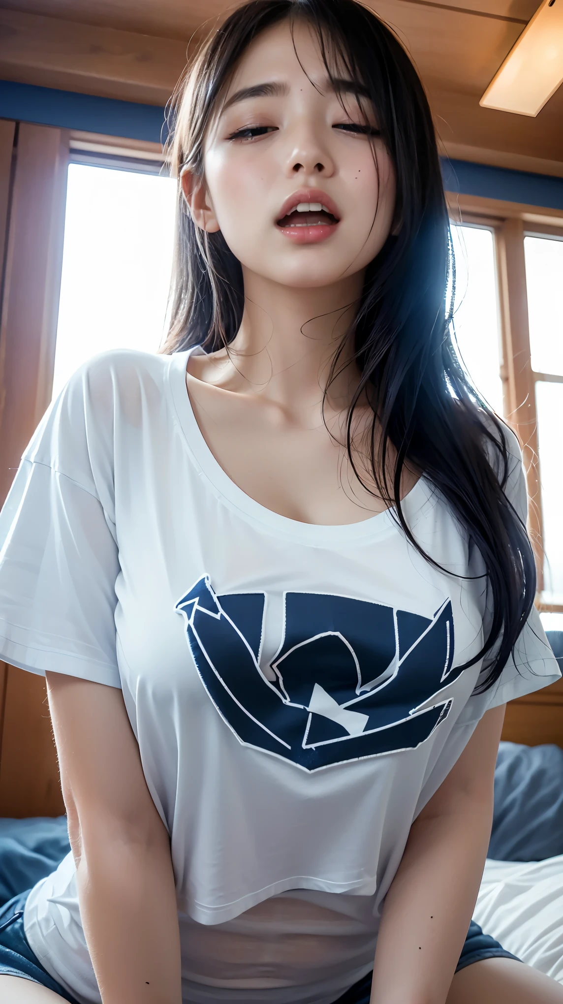 A Chinese woman on the background wall, fluffy hair, delicate face, bright, real girl, large aperture, wearing mid-length T-shirt dress, letter T-shirt, macro shot, plump, slightly fat, very plump, sexy, looking at you, good-looking eyes,