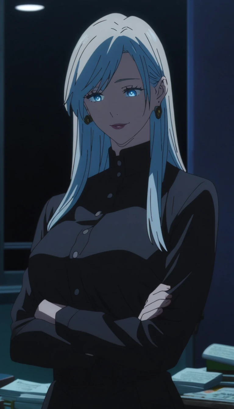 1girl, female gojo satoru, anime screencap from jujutsu kaisen, gojo satoru female version, solo, medium_hair, ((Blue universal eyes)) ((straight Silver_hair)), night view, (hanging breasts) upper_body, smile, indoors, book, Blue_eyes, lips, (swept bangs) ((wearing black colour outfit with button)) breast, "very detailed and high resolution" (Blue eyes) (cross arms) ((long straight hair)) ((solo)) (front view) (earings) ((high resolution)) ((good quality)) ((swept bangs))