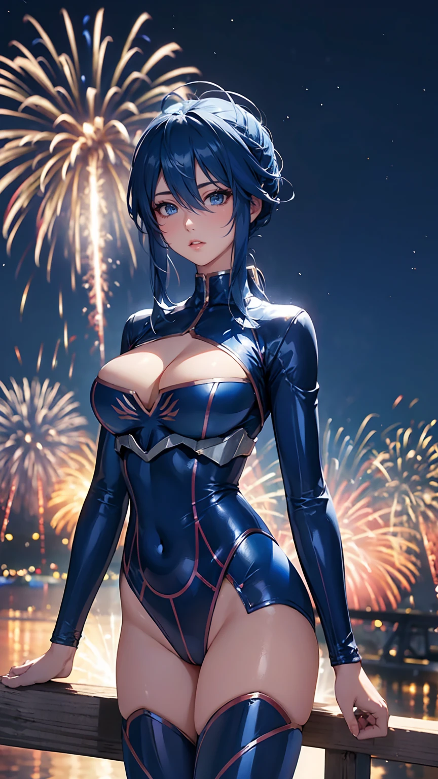 Blue Hair、firework、Night view,Suit with open chest,mini skirt, Blue shiny outfit, Tight suit, Beautiful Face, Detailed lips,