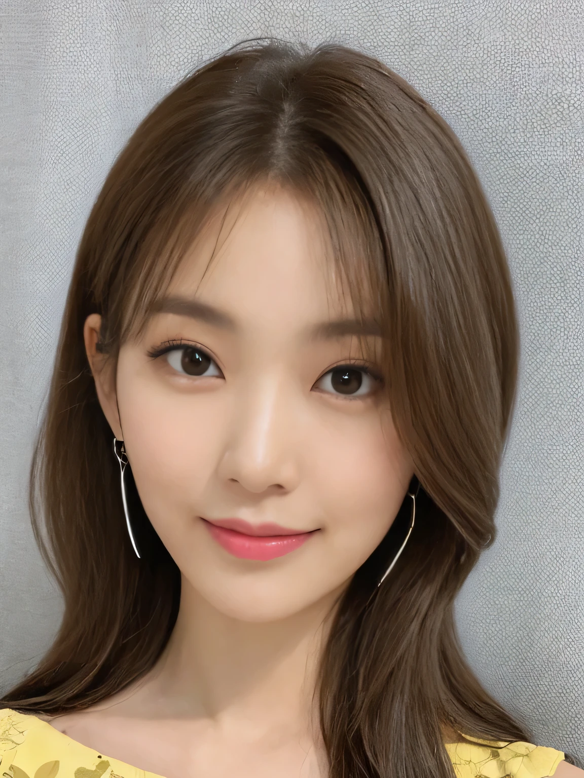 (highest quality、16K high resolution、Super detailed、masterpiece、Live shooting、realistic:1.5、hyper realism:1.5、sharp focus、very delicate and beautiful、small details, bust shot), 35-year-old Japanese woman, 160cm tall, 50kg, bust 84cm, waist 59cm, hips 86cm, heart-shaped face with a pointed chin, shoulder-length layered brown hair styled with soft waves, groomed eyebrows, large expressive brown eyes, a straight nose, full smiling lips, wearing a yellow floral blouse, blue jeans, silver hoop earrings, a few faint freckles adding youthfulness, an overall warm and approachable demeanor, {{{{resembling actress Aya Omasa}}}}
