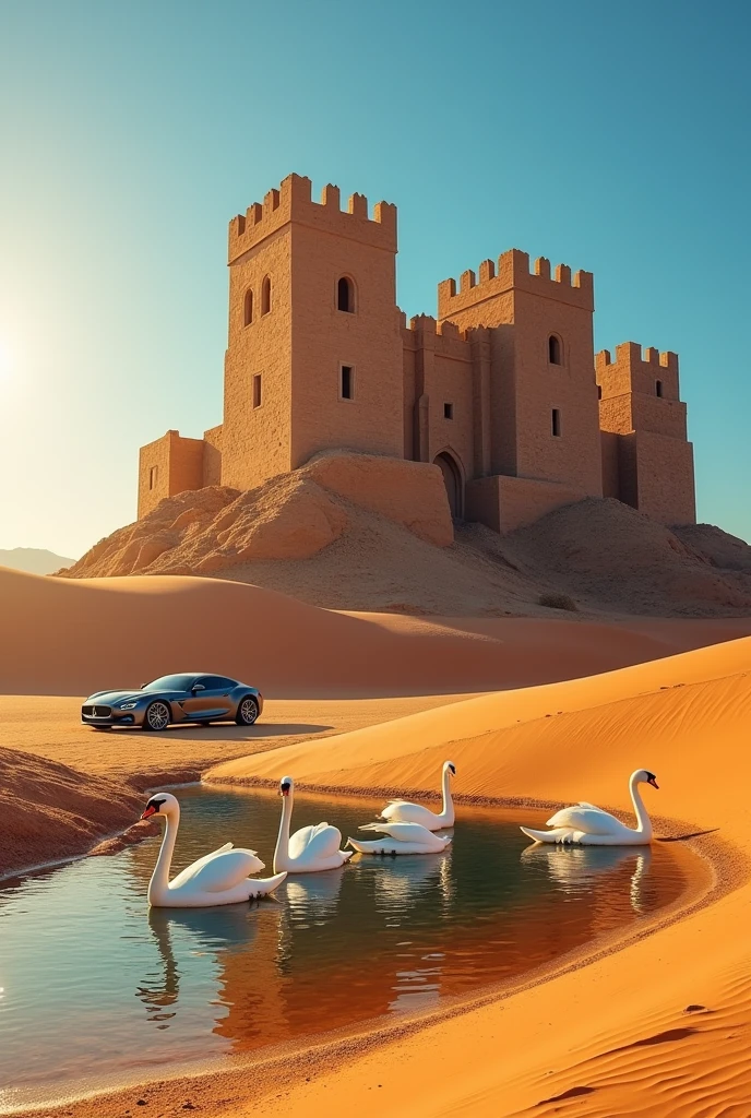 castillo, a desert, a car, and some swans