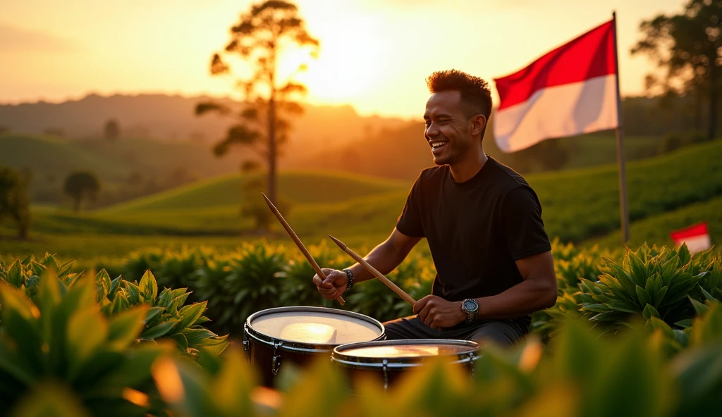 A low angle shot of a drummer wearing a black t-shirt playing the drums on a coffee plantation, with an expanse of coffee plantations behind him, and the Indonesian flag flying beside the drummer, during a dramatic sunset with golden light illuminating the scene, shot with Sony A7R IV, 28mm lens, vivid colours