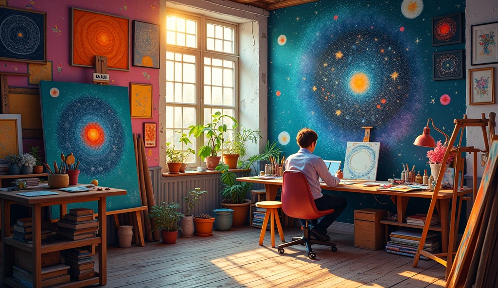 A creative workspace filled with sketches, paintings, and star maps. A person is surrounded by these items, deep in thought, with an aura of inspiration and imagination. The scene is colorful and filled with artistic energy. --ar 16:9