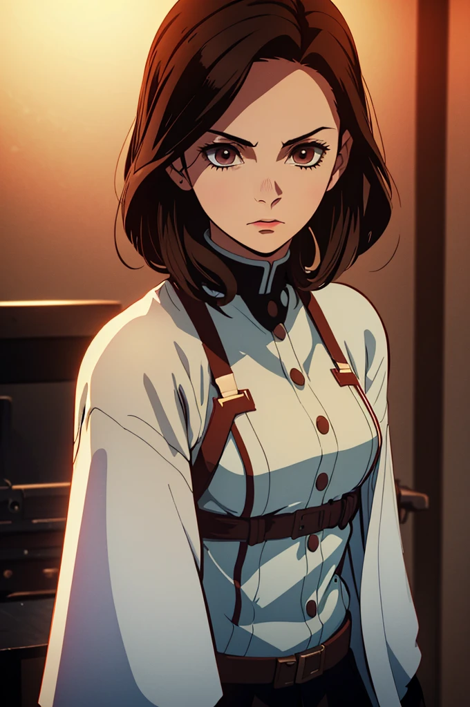 a beautiful young woman, 1 girl, russian ethnicity, brown hair, simple combat outfit representing soviet union in 1980s, interrogation room background, detailed facial features, ultra-detailed, 8k, hyper realistic, dramatic lighting, moody color palette, cinematic composition, photorealistic, masterpiece