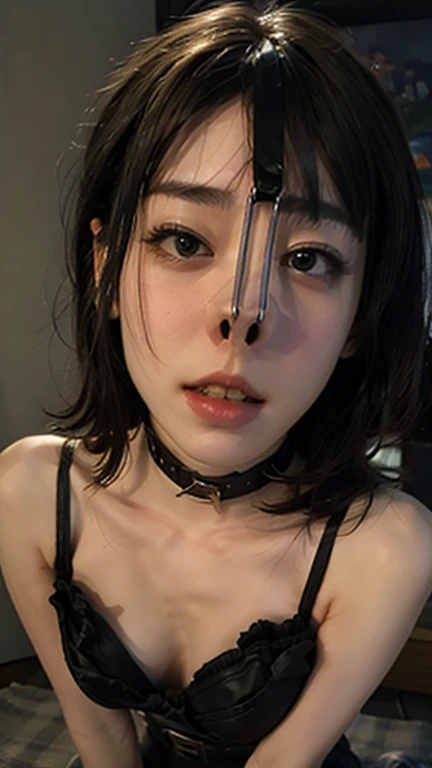 (Browsing Caution:-2), (Realistic, photo-Realistic :1.4), (Highest quality, masterpiece:1.2), RAW Photos, High resolution, Intricate details, Very detailed, Realistic and sharp details, Portraiture, (Front view:1.2 ), alone, Beautiful Japanese Woman, Beautiful woman, (Black Hair), (Short Bob Hair), Detailed face, Detailed eyes, Beautiful Eyes, Refined nose, Pale skin, Fine skin, (Nose hook, Chain strap), (Gemstone Choker), clavicle, shoulder, T-Shirts, skirt, dress、(whole body)、(Configuration from below)、(tattoo)、（Nipples）、（Are crying）、（tearsを流す）、（tears:1.2）、（Eyes that cried）、（tearsを流す）、（Crying face）、Nose hook、