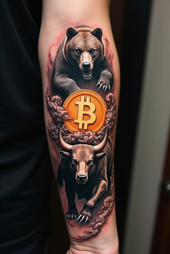 Tattoo of a bull attacking from bottom to top, a bear attacking from top to bottom, and bitcoin in the middle of the two animals. Tattoo for the forearm.