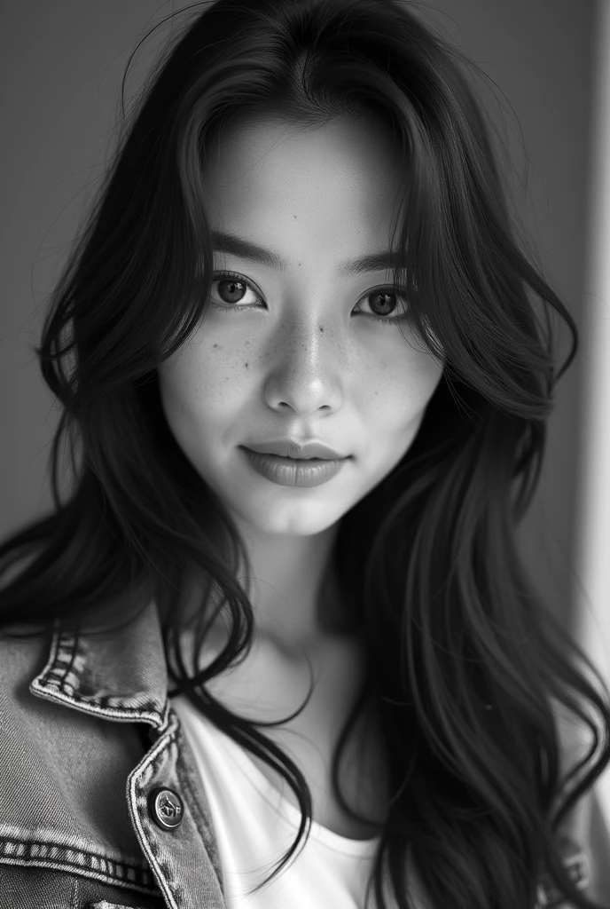 Sofia has dark brown, straight hair, which are usually worn loose. Your eyes are dark brown and expressive., and her skin is light brown. She wears a white blouse and a denim jacket and has some pimples . Close-up image of a photo she is taking a selfie with a black and white filter she is a bit chubby and has an oval face without prominent cheeks realistic image 