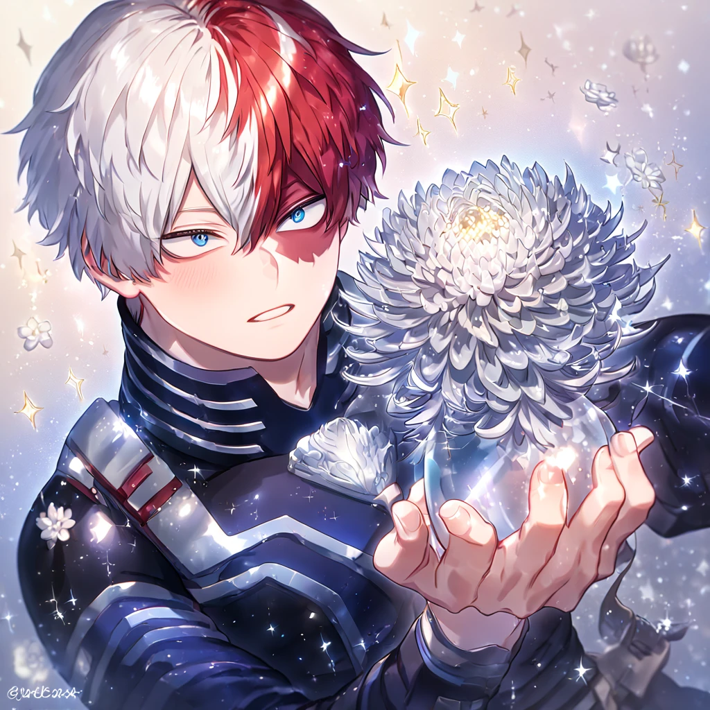 absurdres, highres, ultra detailed, HDR, master piece, best quality, extremely detailed, Todoroki Shouto, bicolor hair, right side white hair, left side red hair, expressive blue eyes, Boku No Hero Academia, solo, sexy man, handsome, sensual, manly man, dark blue hero suit, fantasy, glass, sparkling, silver glittering fireflies, silver moon, silver blossoms, silver chrysanthemums, silver sparkling lights, starry sky, magical