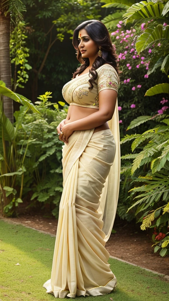 Day scene, A 35 year old beautiful South Indian plus sized woman , cream colour chiffon saree and bra wearing women in garden, belly button visible, in a suductive expression full body image, photo taken from distance