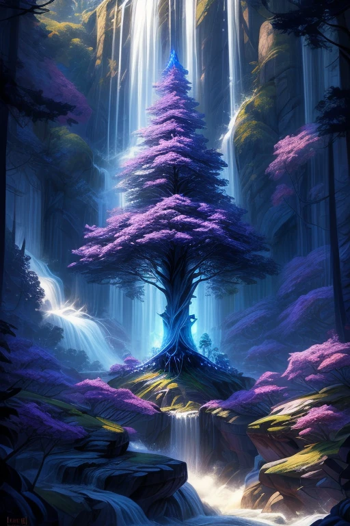 a tree in the middle of a waterfall surrounded by trees, tree of life, cosmic tree of life, the world tree, the tree of life, tree of life seed of doubt, world tree, yggdrasil, fantasy tree, magical tree, mystical setting, cosmic tree, beeple art, realism | beeple, tree of life inside the ball