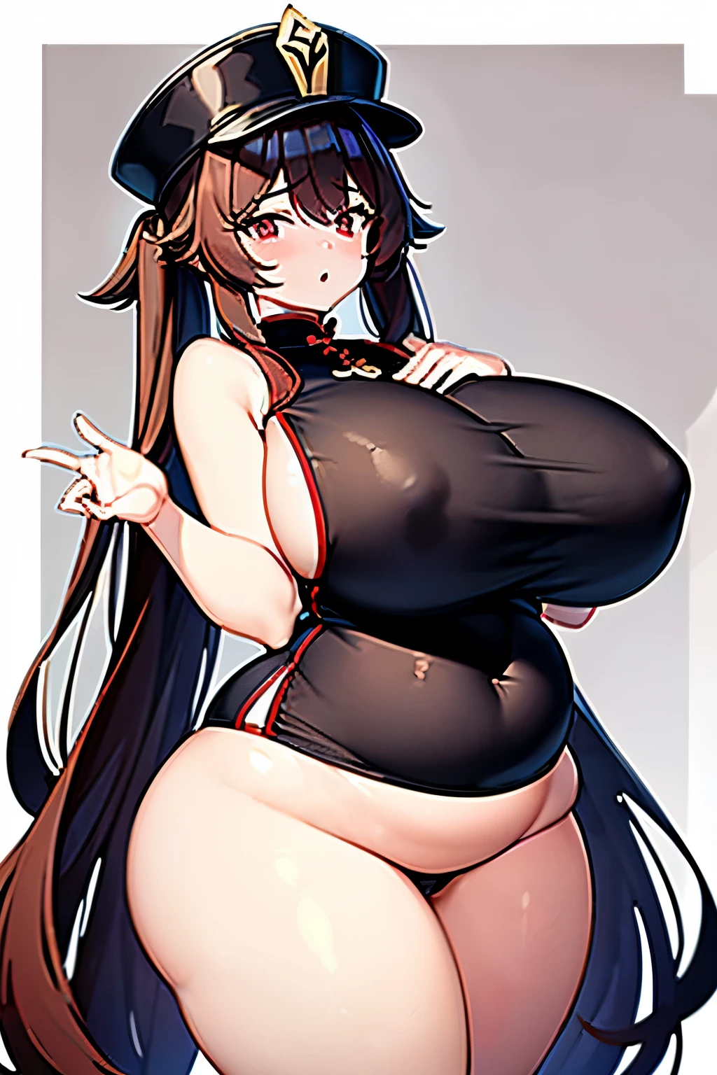 masterpiece, best quality,
1girl, hu tao (genshin impact), boo tao,hat, red eyes, twintails, brown hair, solo, symbol-shaped pupils, long hair,bangs, black shorts , chinese clothes, big , ahegao, sexy, milf, gal, fat, plump, big belly, fat body, big ass, fat ass, wide hips, big thighs, sexy belly, plump, without clothes, curvy body, big breasts, large boobs, nude, hands on belly, hands on fat belly, plump, soft belly, hourglass figure,hands squishing soft belly, nude