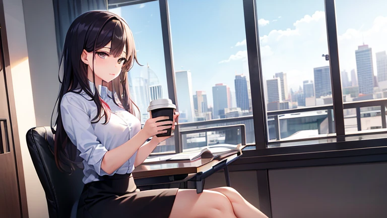 A working woman wearing a tight skirt、Please draw an illustration of someone taking a break by the window in the office.。A woman holds a coffee cup、Relaxing and looking at the view outside。The cityscape spreads in the background.。