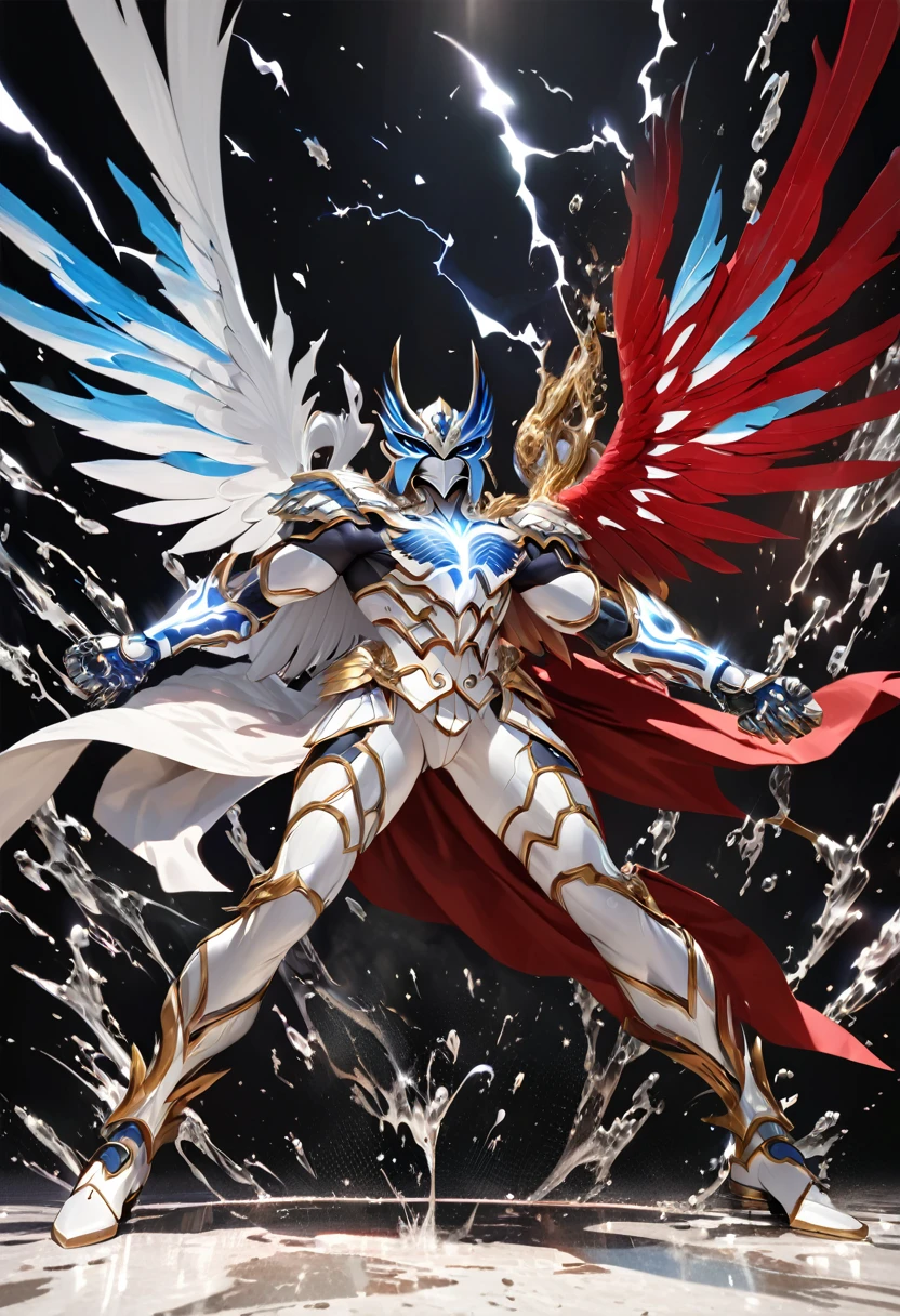 Ultra realistic, high detail,Full body view, far view, symetrical,absurdres, highres, ultra detailed, HDR, masterpiece, extremely detailed face and eyes,,,red and white saint Seiya knight , epic eagle garuda mask, cool wings,  , solo, man, handsome, ,, , Epic fight scene, black splashing effect,black lightning effect,glowing glitters, explosive effect