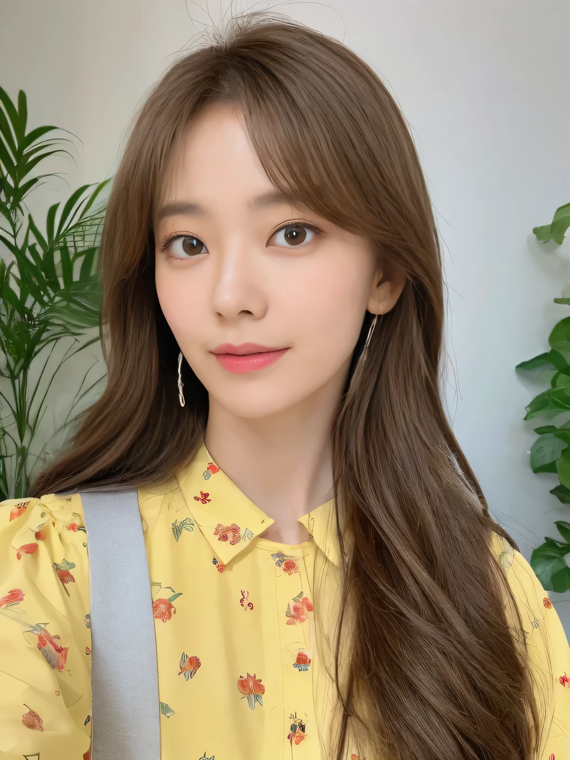 (highest quality、16K high resolution、Super detailed、masterpiece、Live shooting、realistic:1.5、hyper realism:1.5、sharp focus、very delicate and beautiful、small details, bust shot), 35-year-old Japanese woman, 1 girl, 160cm tall, 50kg, bust 84cm, waist 59cm, hips 86cm, heart-shaped face with a pointed chin, shoulder-length layered brown hair styled with soft waves, groomed eyebrows, large expressive brown eyes, a straight nose, full smiling lips, wearing a yellow floral blouse, blue jeans, silver hoop earrings, a few faint freckles adding youthfulness, an overall warm and approachable demeanor, {{{{resembling actress Aya Omasa}}}}, random body orientation,