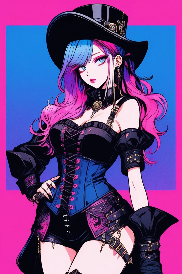 Illustrator, anime , Realistic ,sketch , 1 person, model, Portrait, lip, wearing gothic Steampunk hat, black corset jumper skirt, bare shoulder, black platform cowboy boots, order, Blue and pink gradient background, Neon colored hair, Big Breasts, (((Upper Body))), (((look back))), Sexy look, Sexy pose, Texture Trim, Russia, (masterpiece,Highest quality)