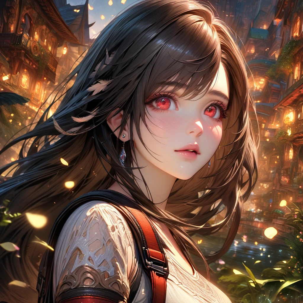 Ultra detailed, highres, absurdres, HDR, master piece, Tifa Lockhart, black hair, long hair, expressive red eyes, white shirt, Final Fantasy VII Remake, petals, fireflies, woman, solo, extremely beautiful, very detailed face and eyes, best quality, fantasy, magical, realistic face, fantasy city, feathers, close up